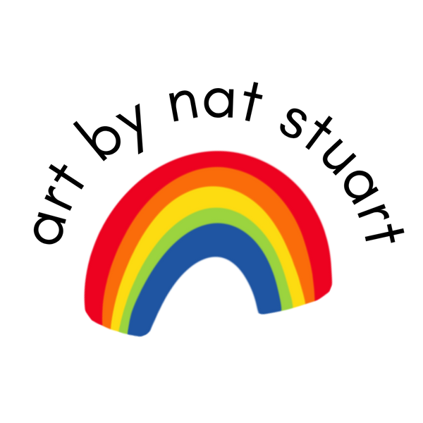 Logo with a rainbow and 'art by nat stuart' text on a white background
